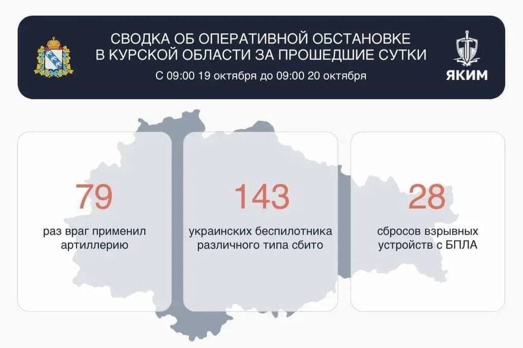 Хинштейн: за сутки над Курской областью сбили 143 дрона