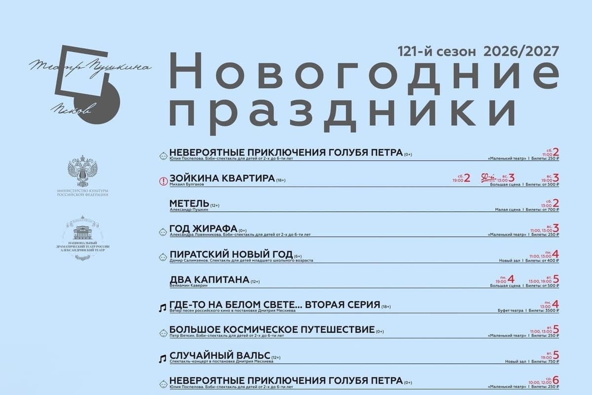 Псковский театр драмы представил насыщенную афишу на декабрь и зимние каникулы