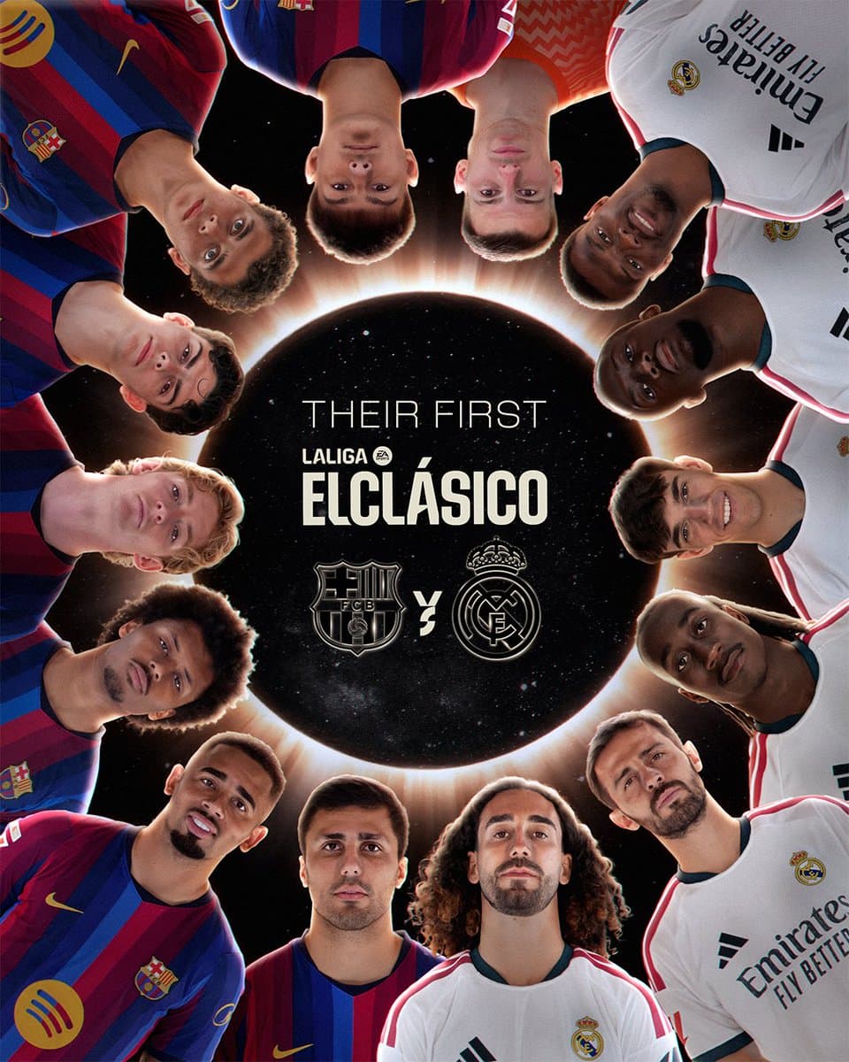 Barcelona and Real Madrid are set in a circle in the form of a sun crown around the inscription "Their First ElClásico" on a dark background.