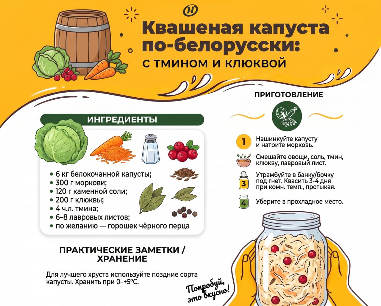Хрустящая, с тмином и клюквой: как приготовить правильную квашеную капусту по-белорусски