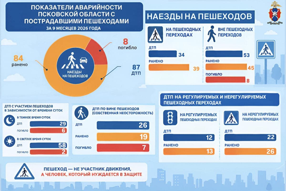 8 dead and 84 wounded: published statistics of road accidents with pedestrians in the Pskov region for 9 months