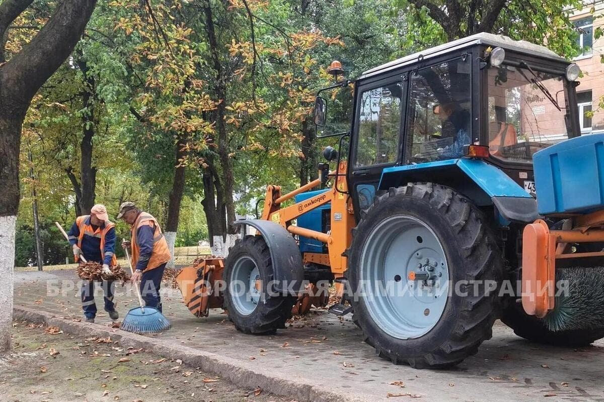 In Bryansk road workers continue to mow grass and remove fallen foliage