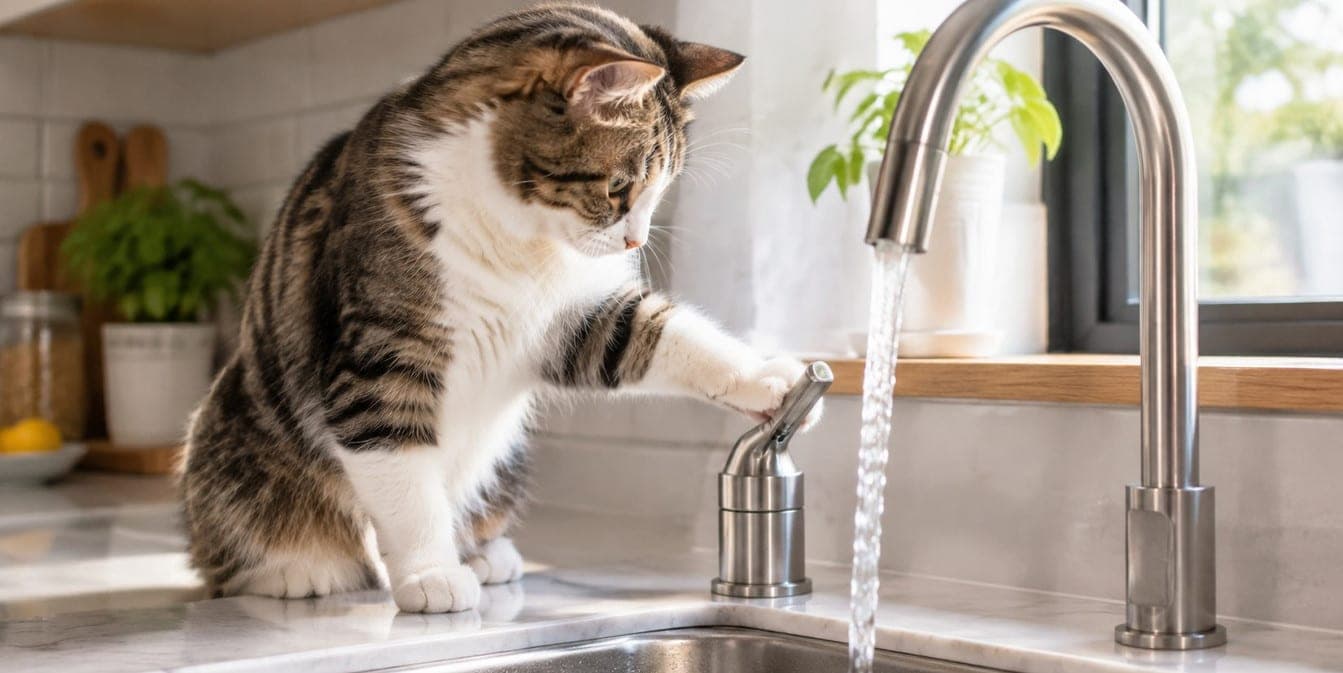 A fluffy white-brown cat sits on a kitchen countertop and curiously touches the lever of the mixer with his paw, from which a stream of water flows into the sink.