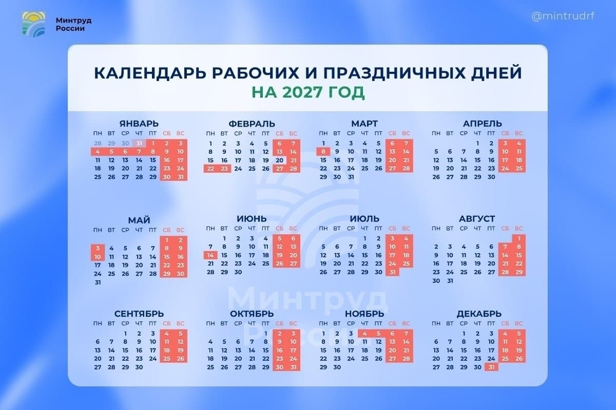 Как россияне будут отдыхать в 2027 году: опубликован график выходных от Минтруда