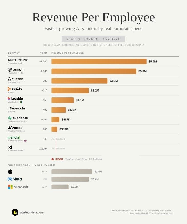 10 самых быстрорастущих поставщиков решений в области ИИ по выручке на одного сотрудника.